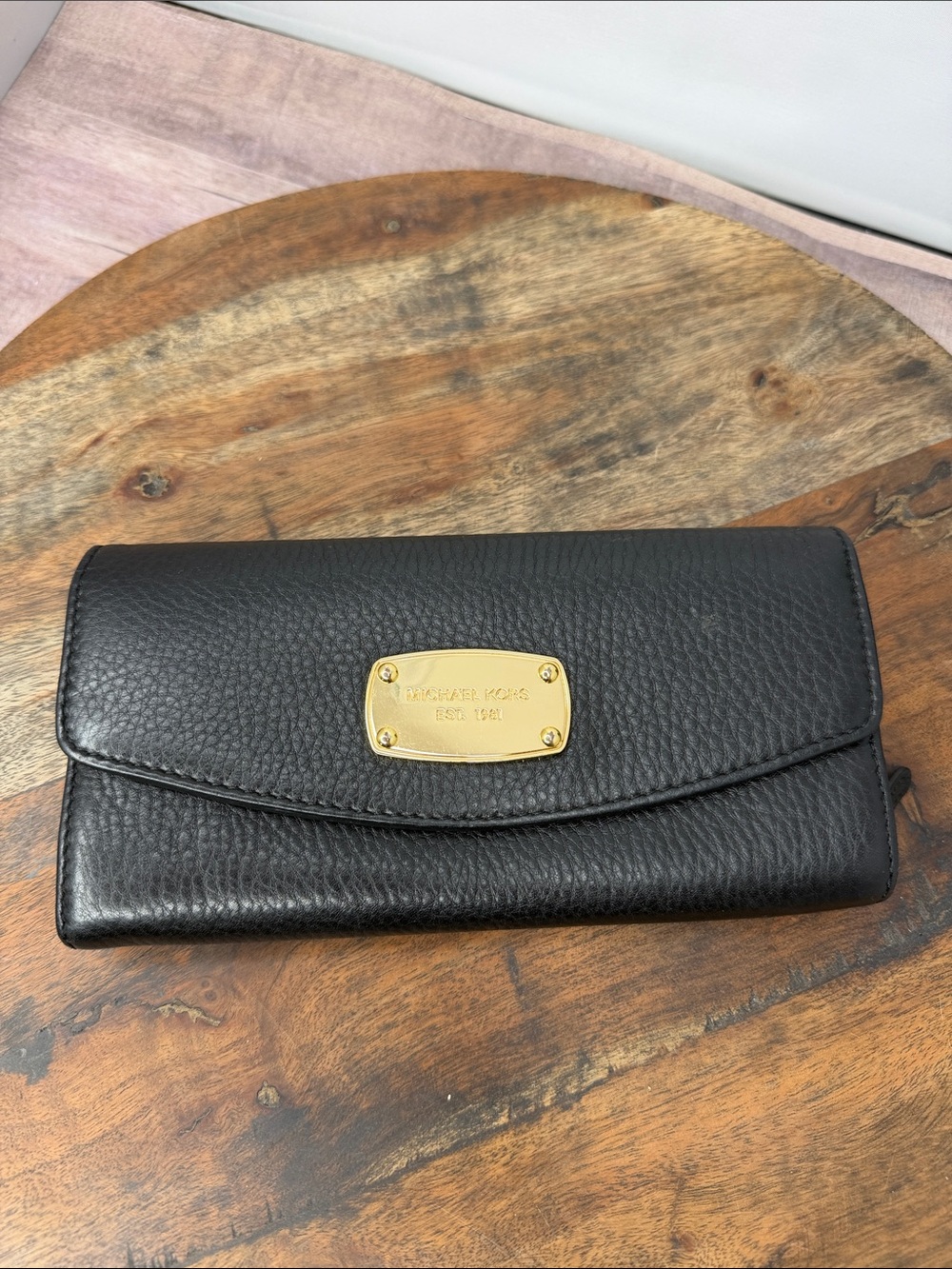 Michael Kors Black Pebbled Leather Continental Wallet with Gold Plaque